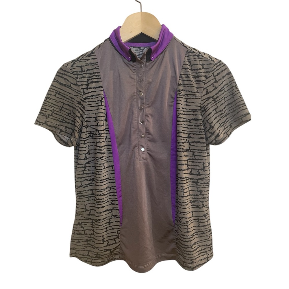 Women’s Taupe Brown-Gray Print Purple Performance Golf Top-LRG Jamie Sadock